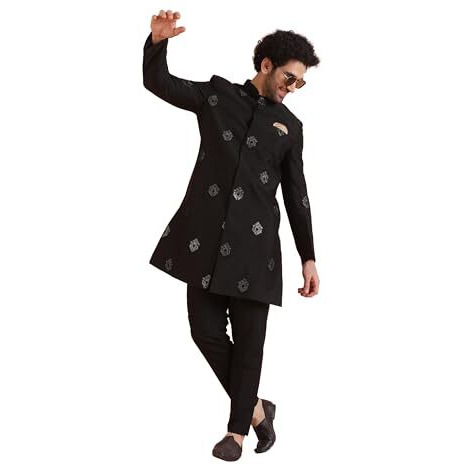 Kisah Men's Black Jacquard Indowestern Sherwani Trouser Set, 38