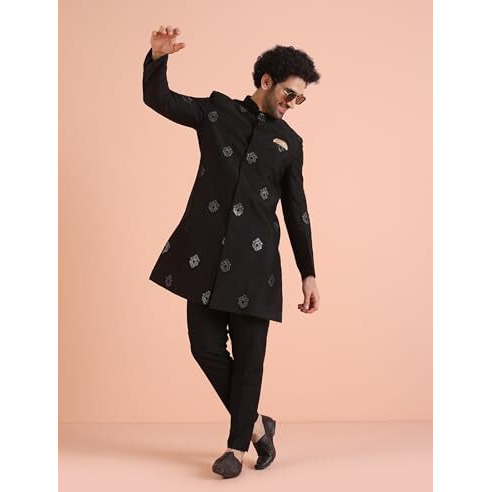 Kisah Men's Black Jacquard Indowestern Sherwani Trouser Set, 38