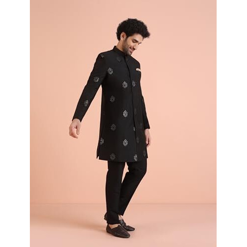 Kisah Men's Black Jacquard Indowestern Sherwani Trouser Set, 38
