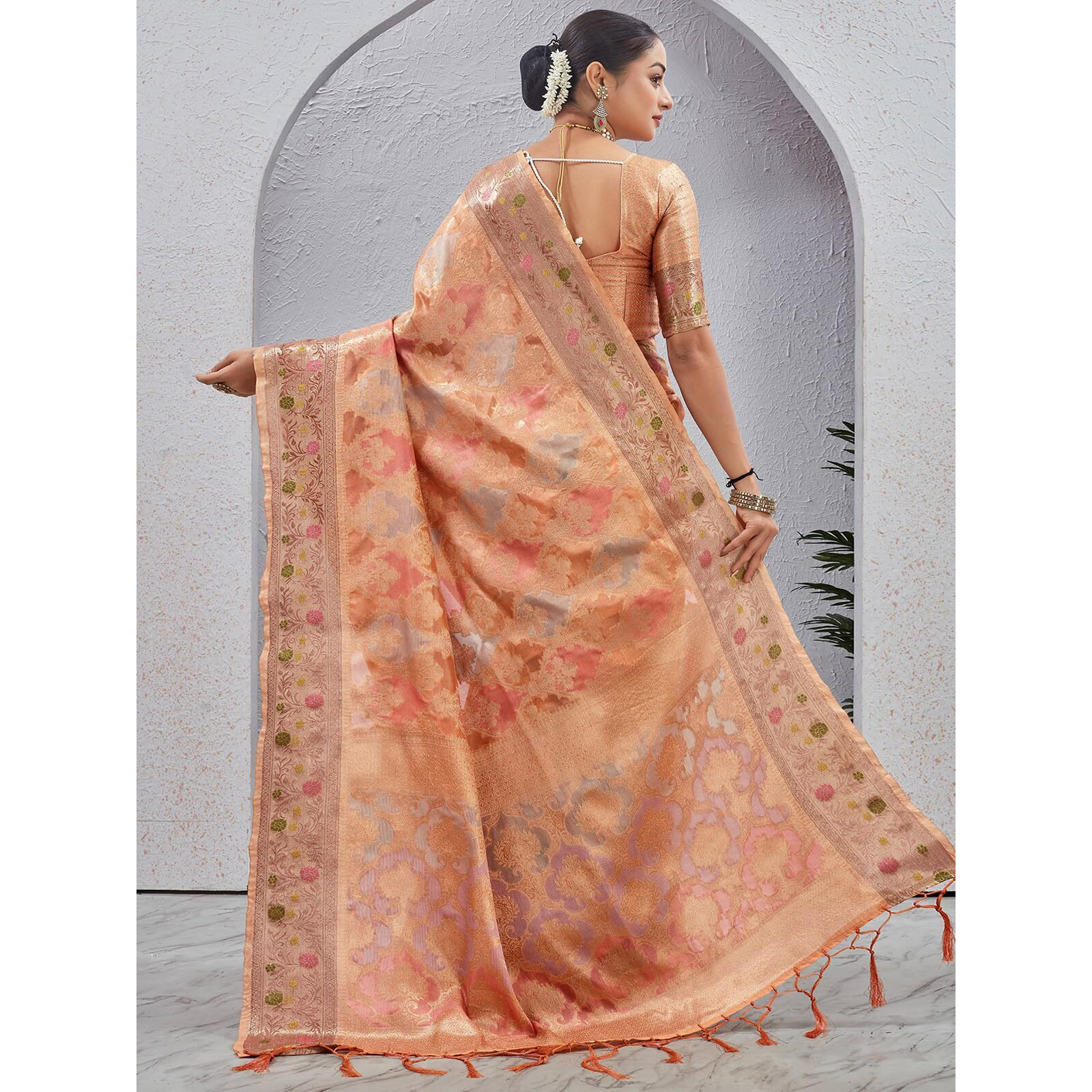 Satrani Women's Silk Weaving Saree With Unstitched Blouse Piece (4241S6686N_Peach & Multi)