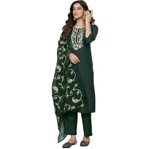 Sanisa Women's Chinnon Gota Lace Straight Kurta With Pant And Dupatta Set (178Kbd1902N-M_Bottle Green)