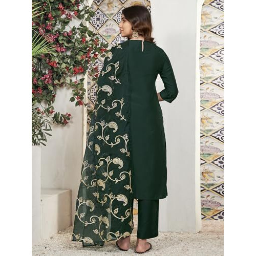 Sanisa Women's Chinnon Gota Lace Straight Kurta With Pant And Dupatta Set (178Kbd1902N-M_Bottle Green)