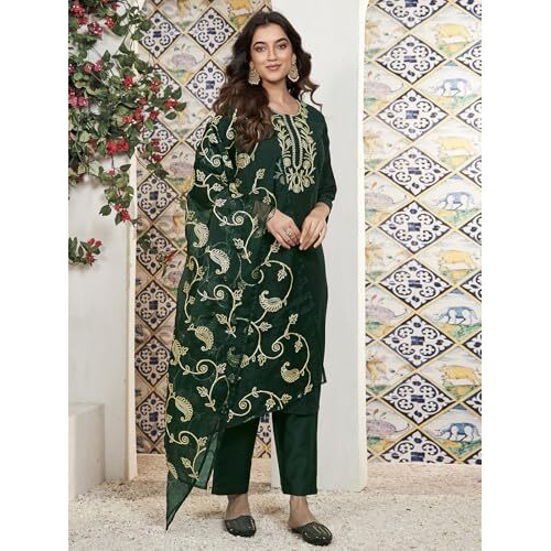Sanisa Women's Chinnon Gota Lace Straight Kurta With Pant And Dupatta Set (178Kbd1902N-M_Bottle Green)