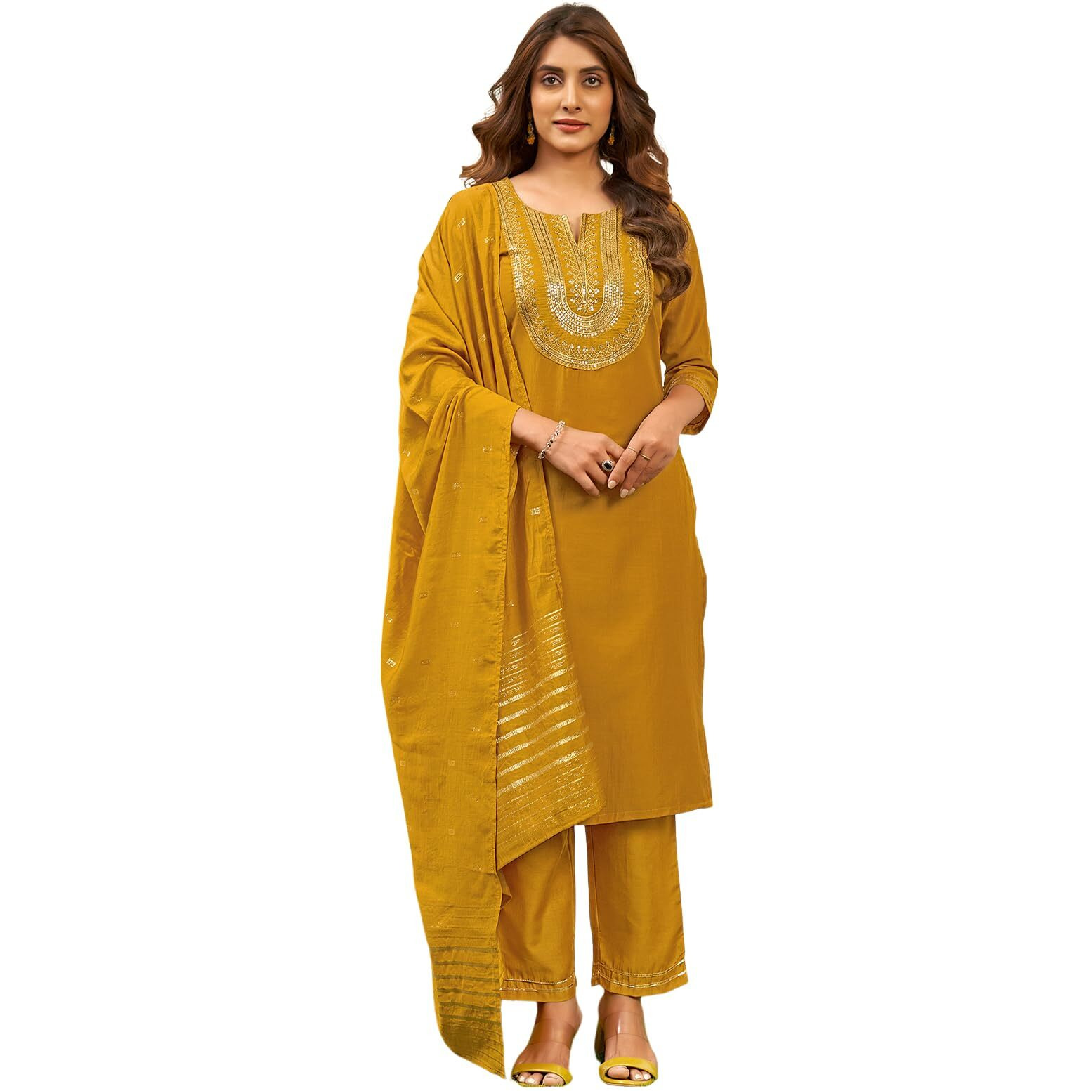 Sanisa Women's Chinnon Sequence Embroidery Straight Kurta With Pant And Dupatta Set (64Kbd736N-M_Mustard Yellow4)