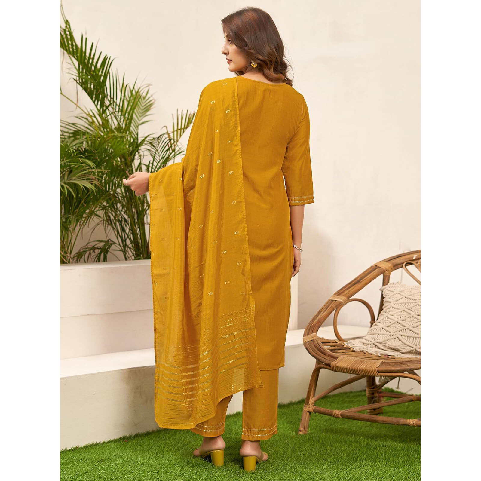Sanisa Women's Chinnon Sequence Embroidery Straight Kurta With Pant And Dupatta Set (64Kbd736N-M_Mustard Yellow4)