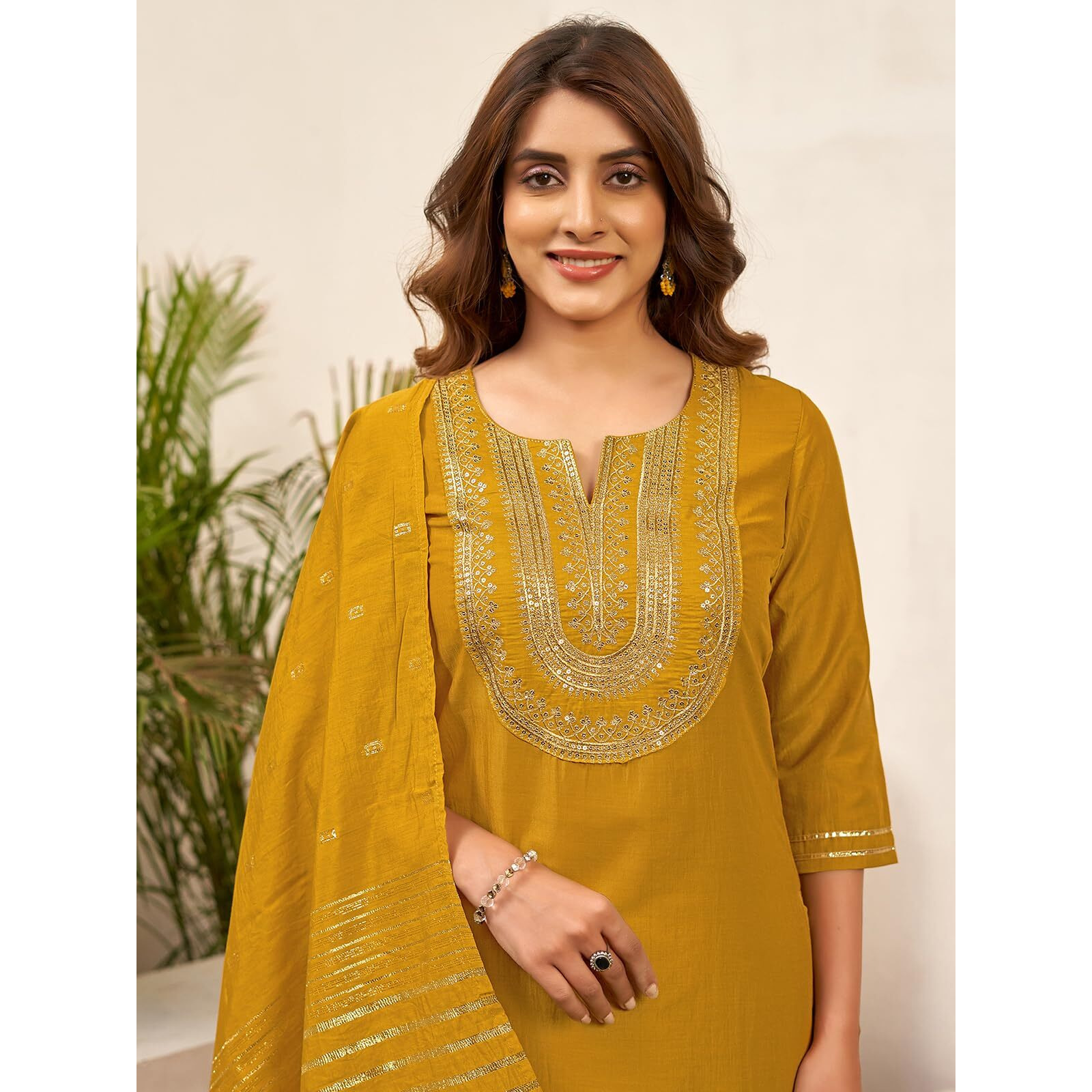 Sanisa Women's Chinnon Sequence Embroidery Straight Kurta With Pant And Dupatta Set (64Kbd736N-M_Mustard Yellow4)
