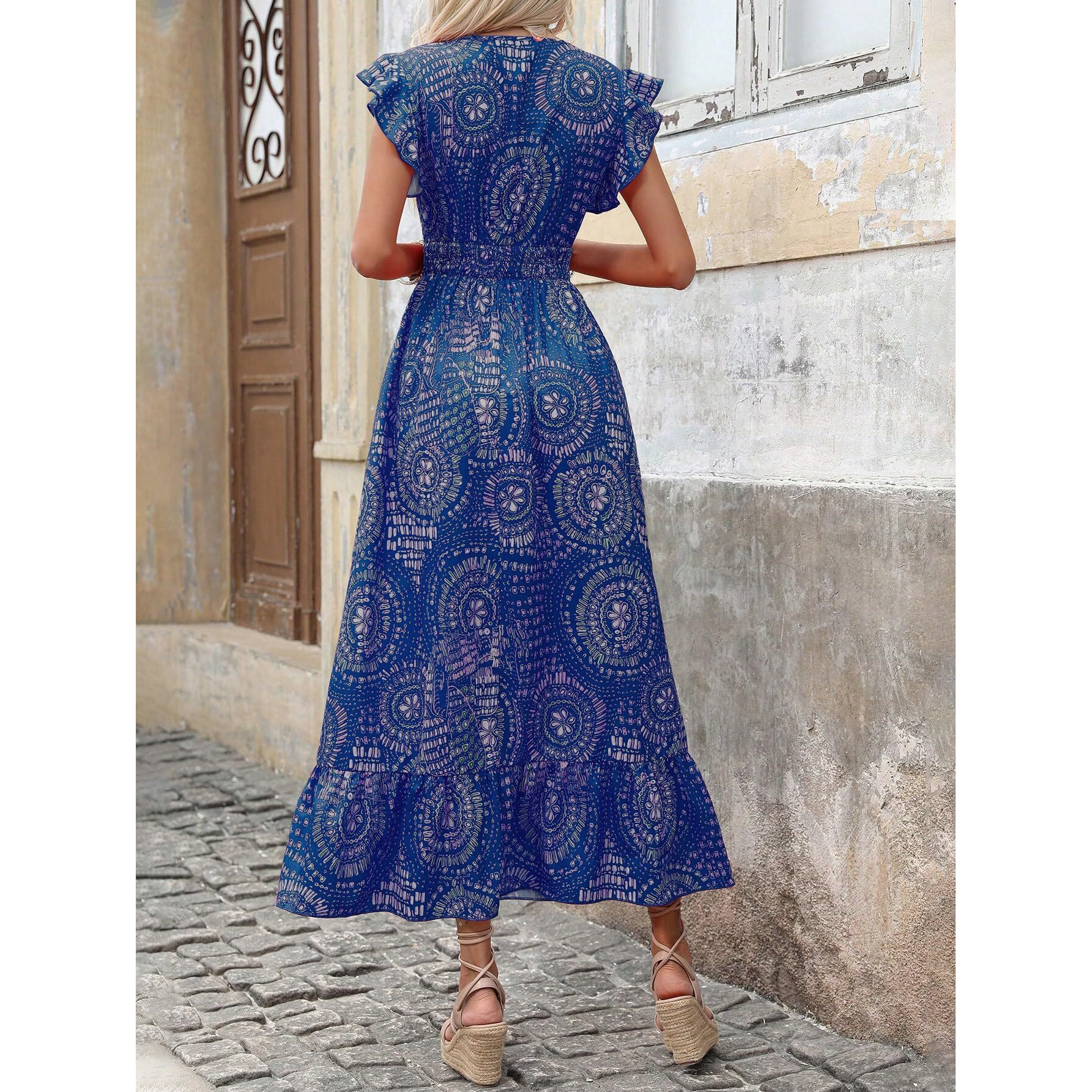Shasmi Women's & Girl's Boho Royal Blue V-Neck Printed Dress With Ruffled Hem And Belted Waist For Vacation, One Piece Maxi For Women's Casual Dresses (Dress 140 Boho Royal Blue-M)