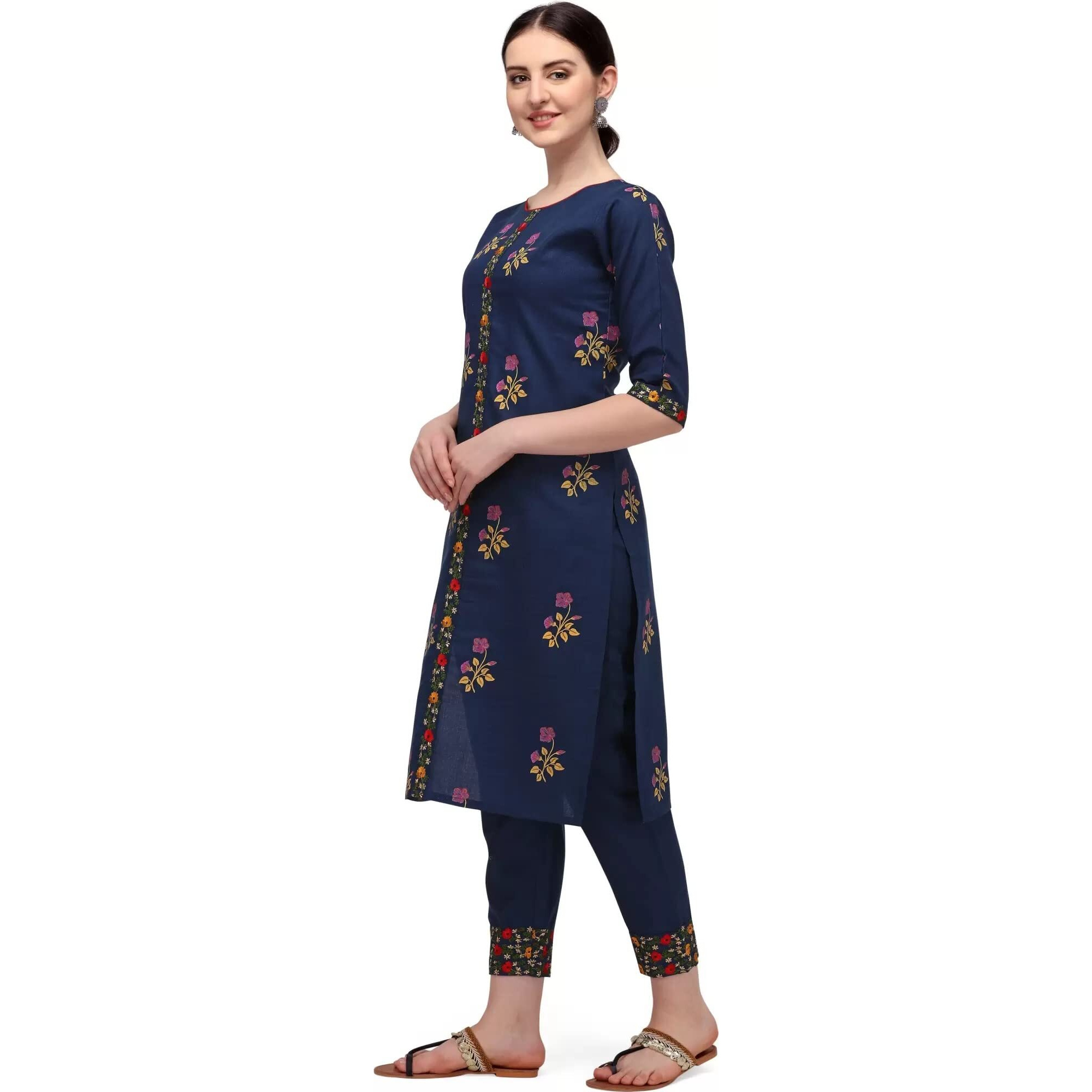 Shasmi Women's Floral Print Cotton Embroidered Lece Kurta, Trouser/Pant (Kurta Dress 34) (Large, N Blue)