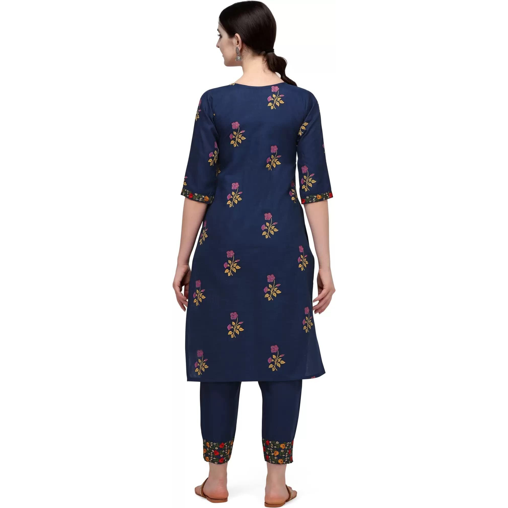 Shasmi Women's Floral Print Cotton Embroidered Lece Kurta, Trouser/Pant (Kurta Dress 34) (Large, N Blue)