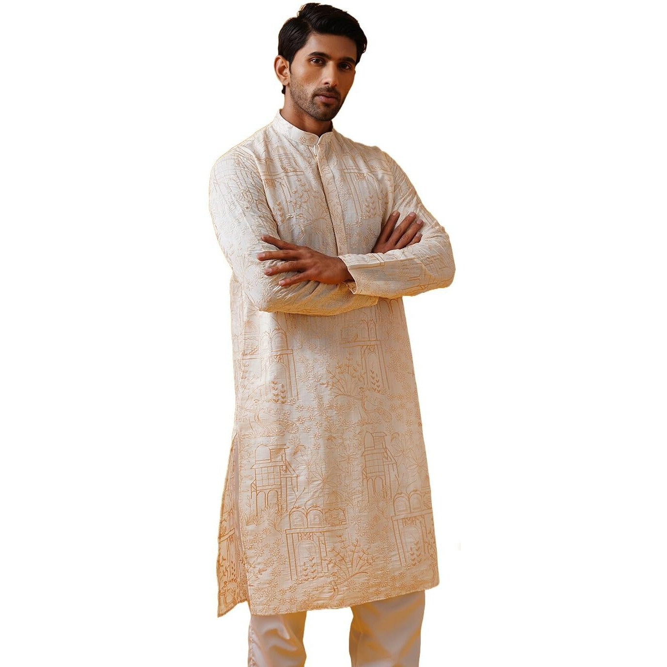 Sojanya (Since 1958 Men's Cotton Silk Kantha Thread Embroidered Cream Long Kurta