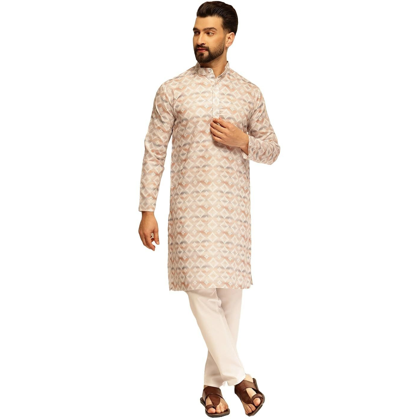Sojanya (Since 1958 Men's Cotton Linen Self Design Beige Kurta With White Pyjama