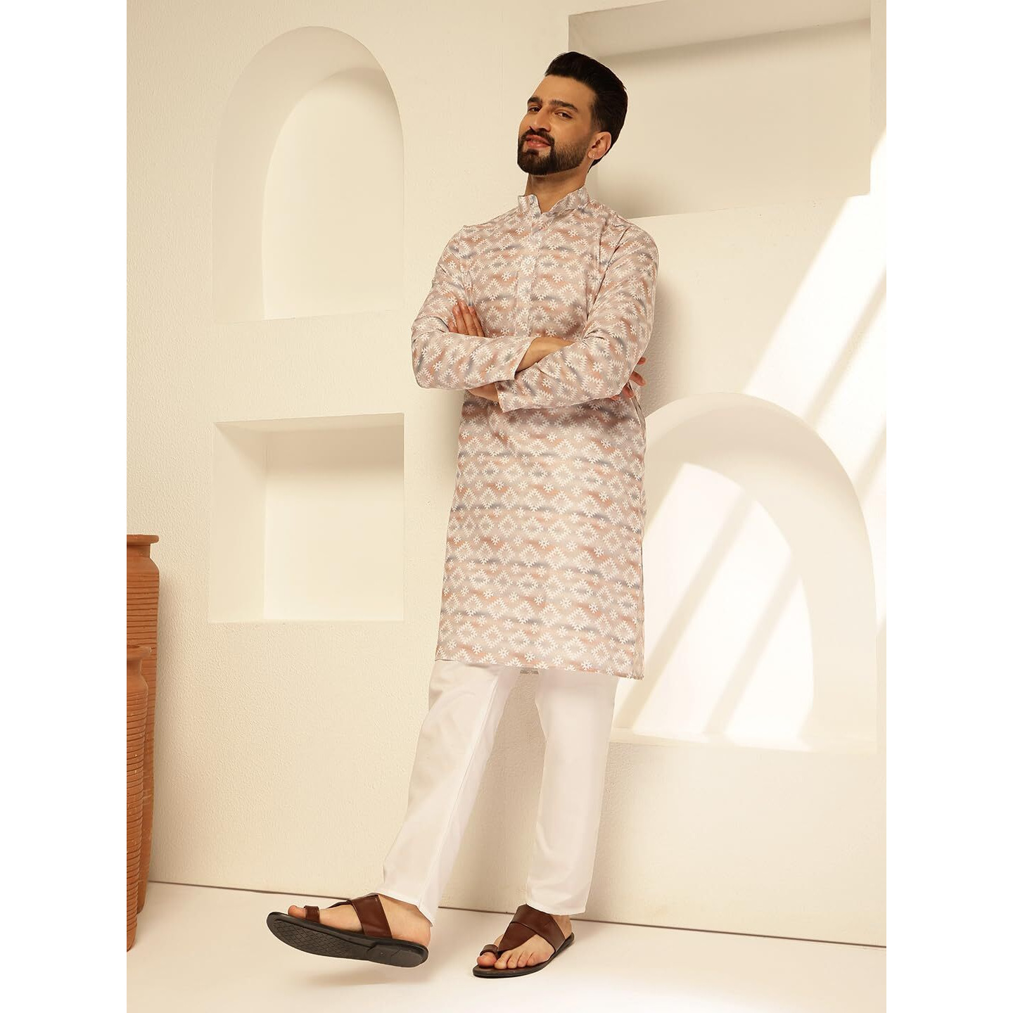 Sojanya (Since 1958 Men's Cotton Linen Self Design Beige Kurta With White Pyjama