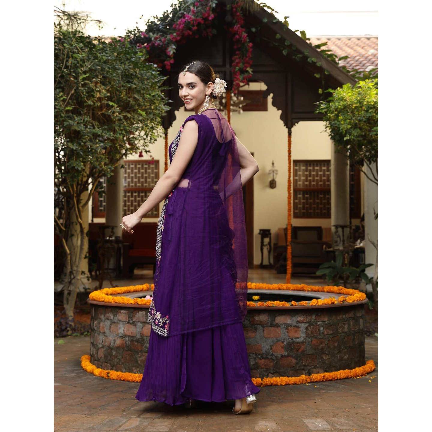 Stylum Women's Printed & Embroidered Georgette Draped Readymade Lehenga Choli With Jacket (Lehpurplecoco40_Purple, L)