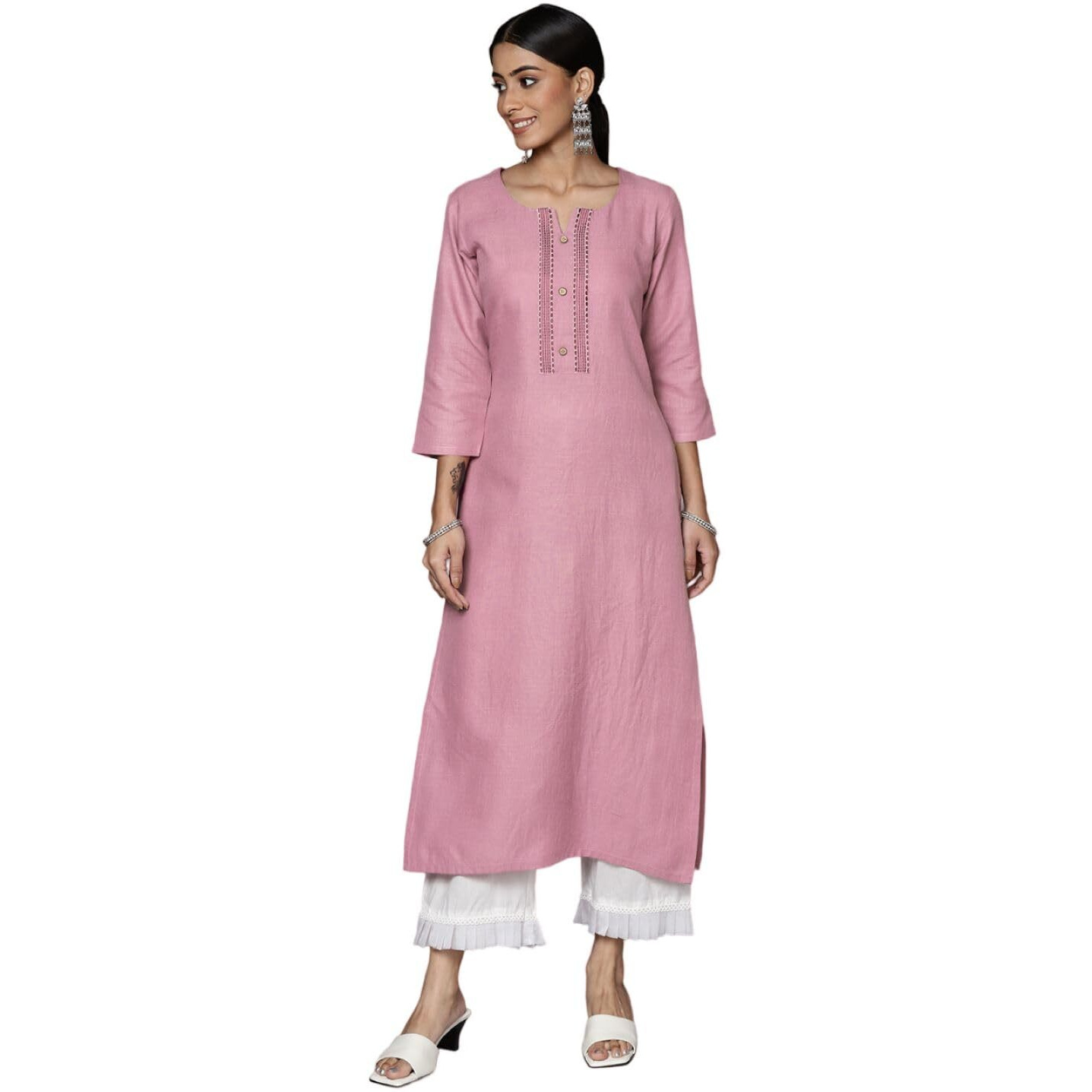 Varanga Mauve Embroidered Kurta With Round Neck