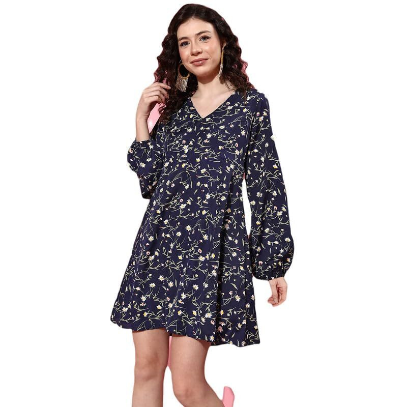 Varanga Navy Blue Floral Printed V-Neck A-Line Dress, Flared Hem