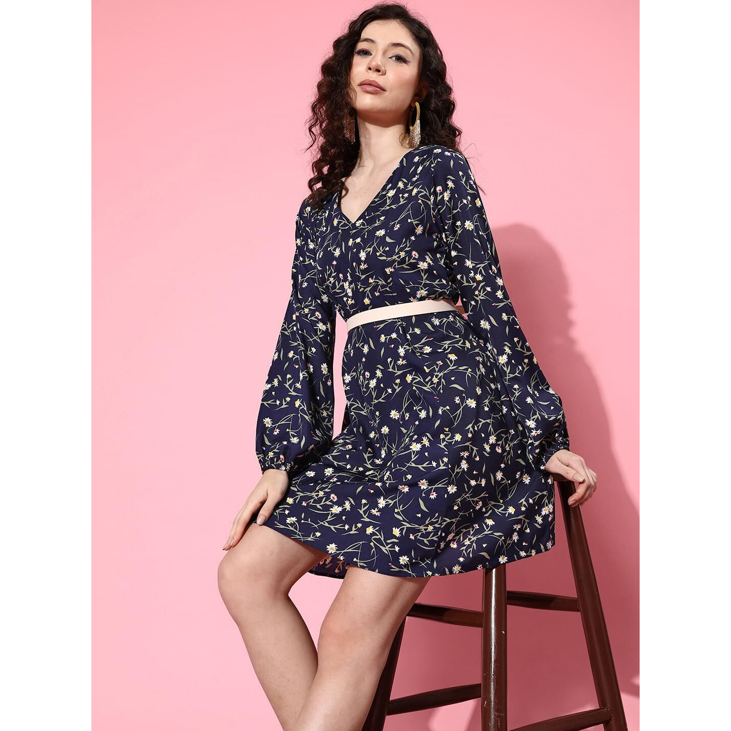 Varanga Navy Blue Floral Printed V-Neck A-Line Dress, Flared Hem