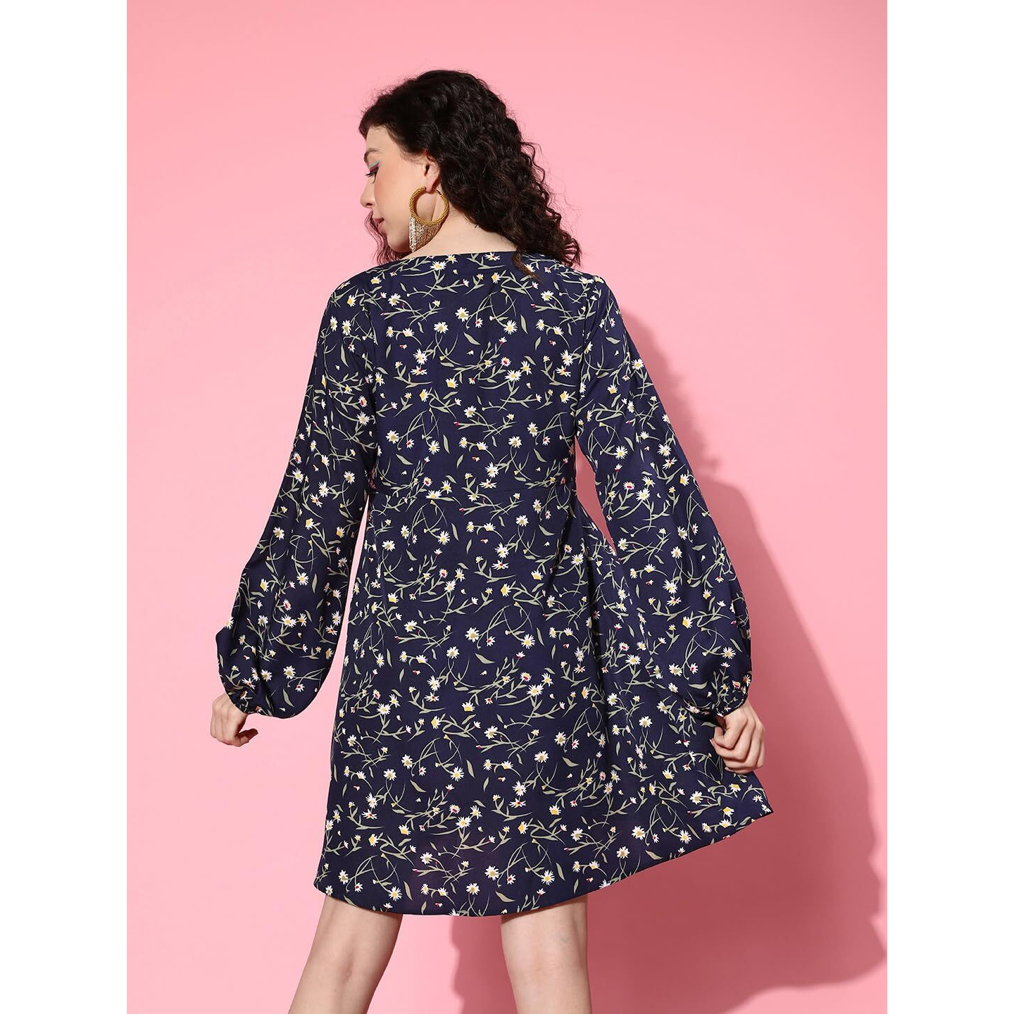 Varanga Navy Blue Floral Printed V-Neck A-Line Dress, Flared Hem