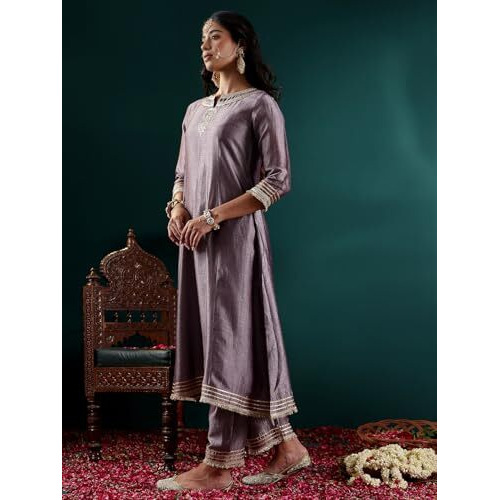 Varanga Women Lavender Zari Lace Embellsihed A Line Kurta With Bottom And Dupatta