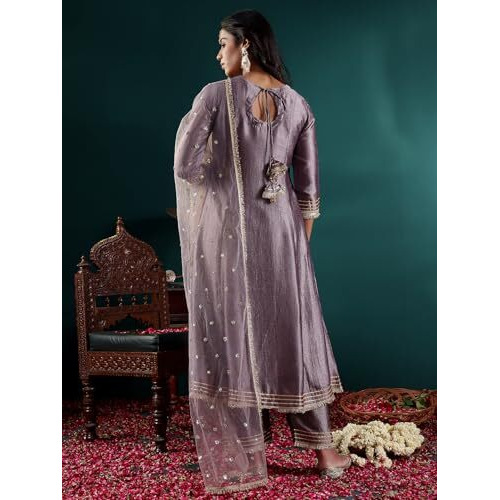 Varanga Women Lavender Zari Lace Embellsihed A Line Kurta With Bottom And Dupatta