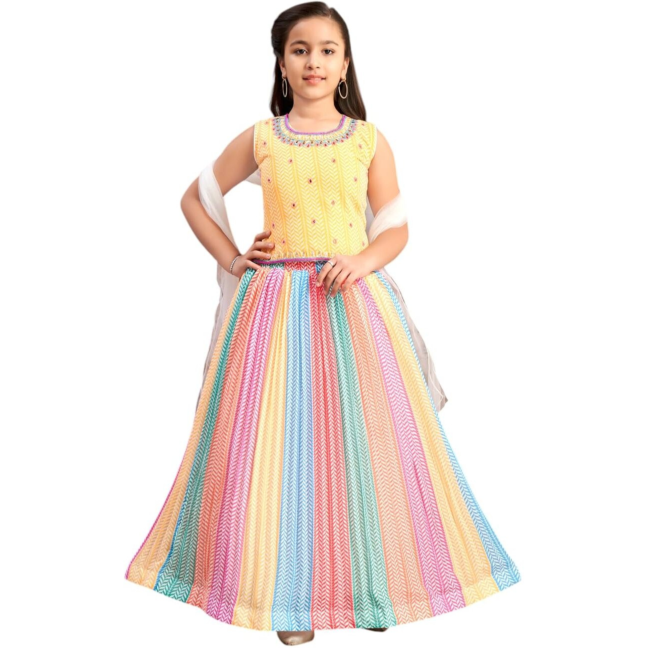 Aarika Girl's Polyester Lehenga Choli Set (Lch-38242_Yellow_12-13 Years)
