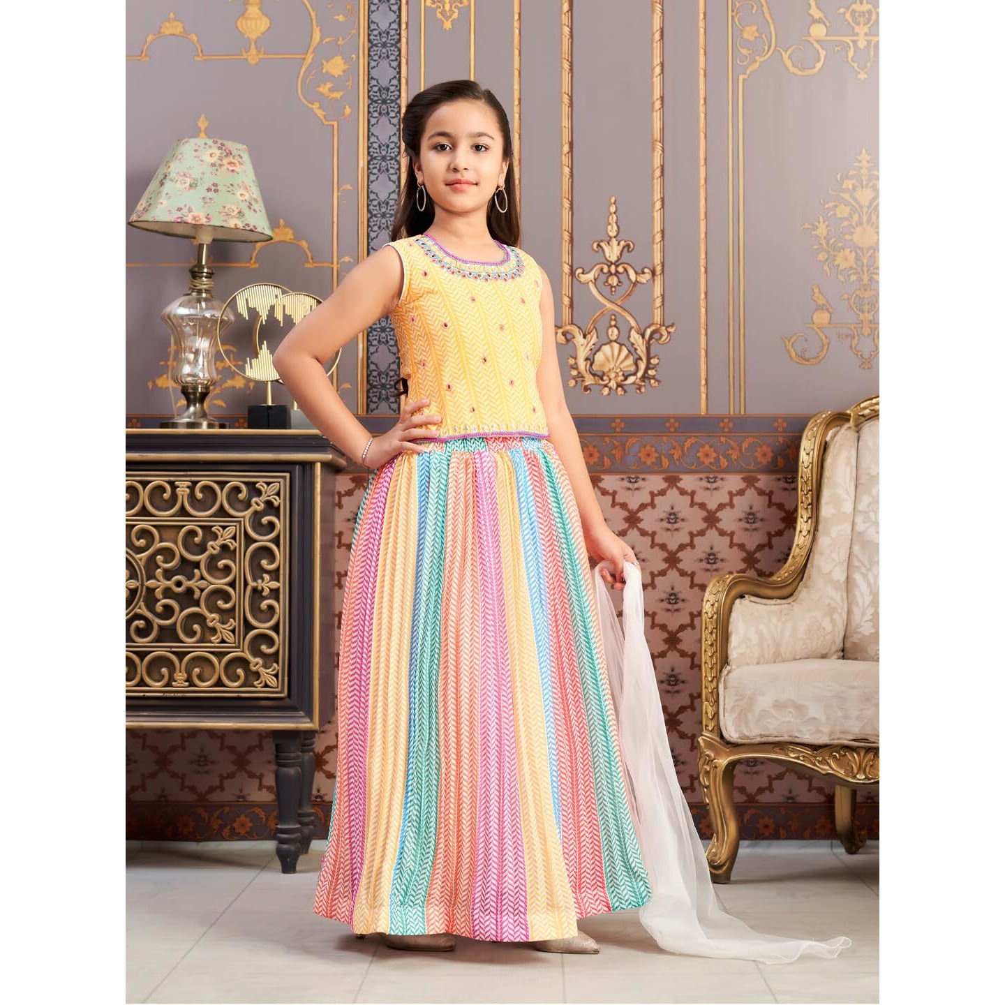 Aarika Girl's Polyester Lehenga Choli Set (Lch-38242_Yellow_12-13 Years)