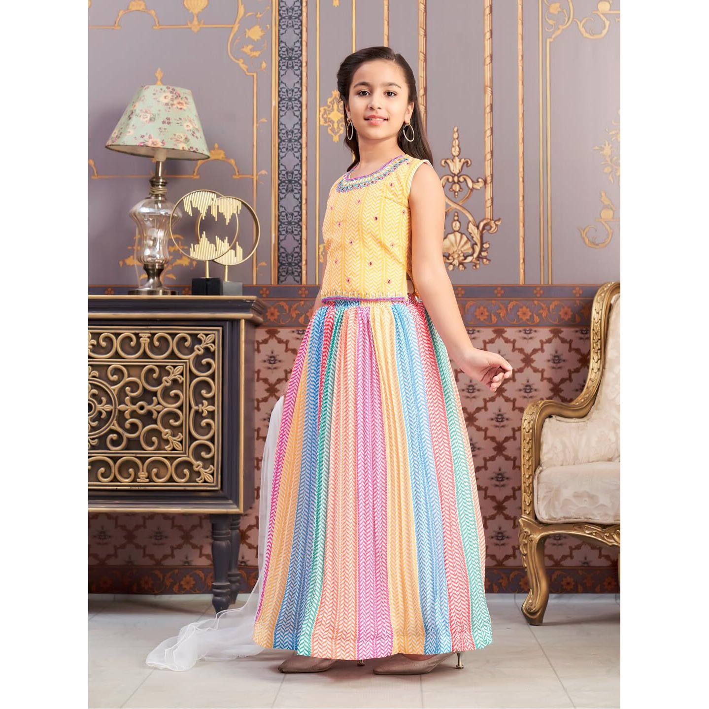 Aarika Girl's Polyester Lehenga Choli Set (Lch-38242_Yellow_12-13 Years)