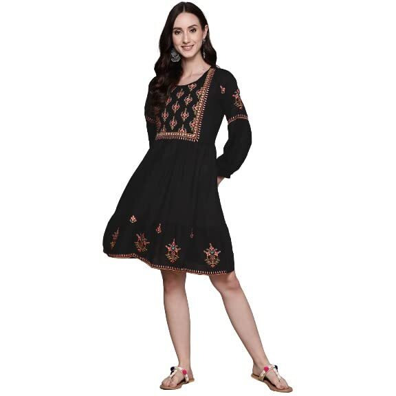 Anubhutee Women's Rayon Black Thread Work Embroidered A-Line Indo Western Dress