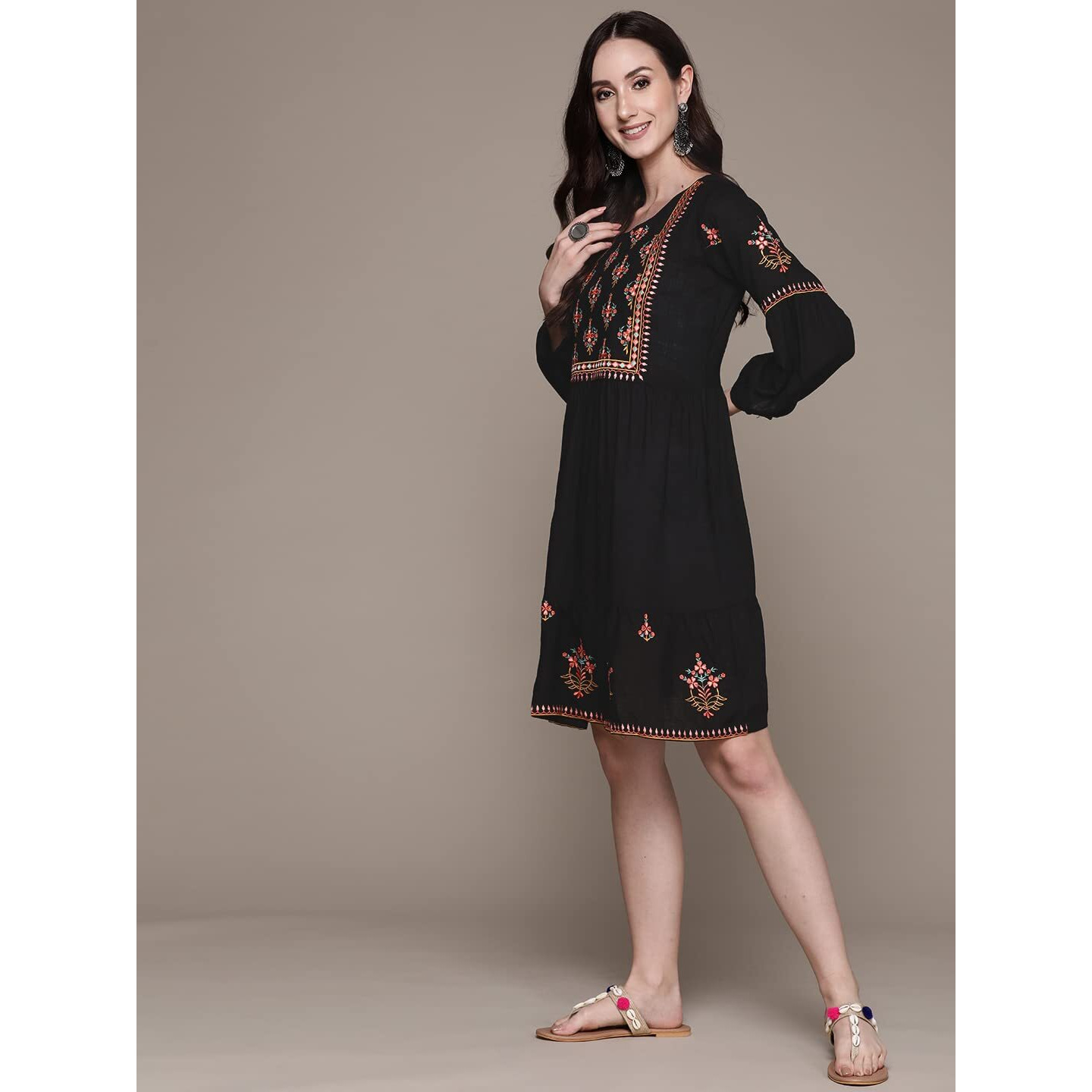 Anubhutee Women's Rayon Black Thread Work Embroidered A-Line Indo Western Dress