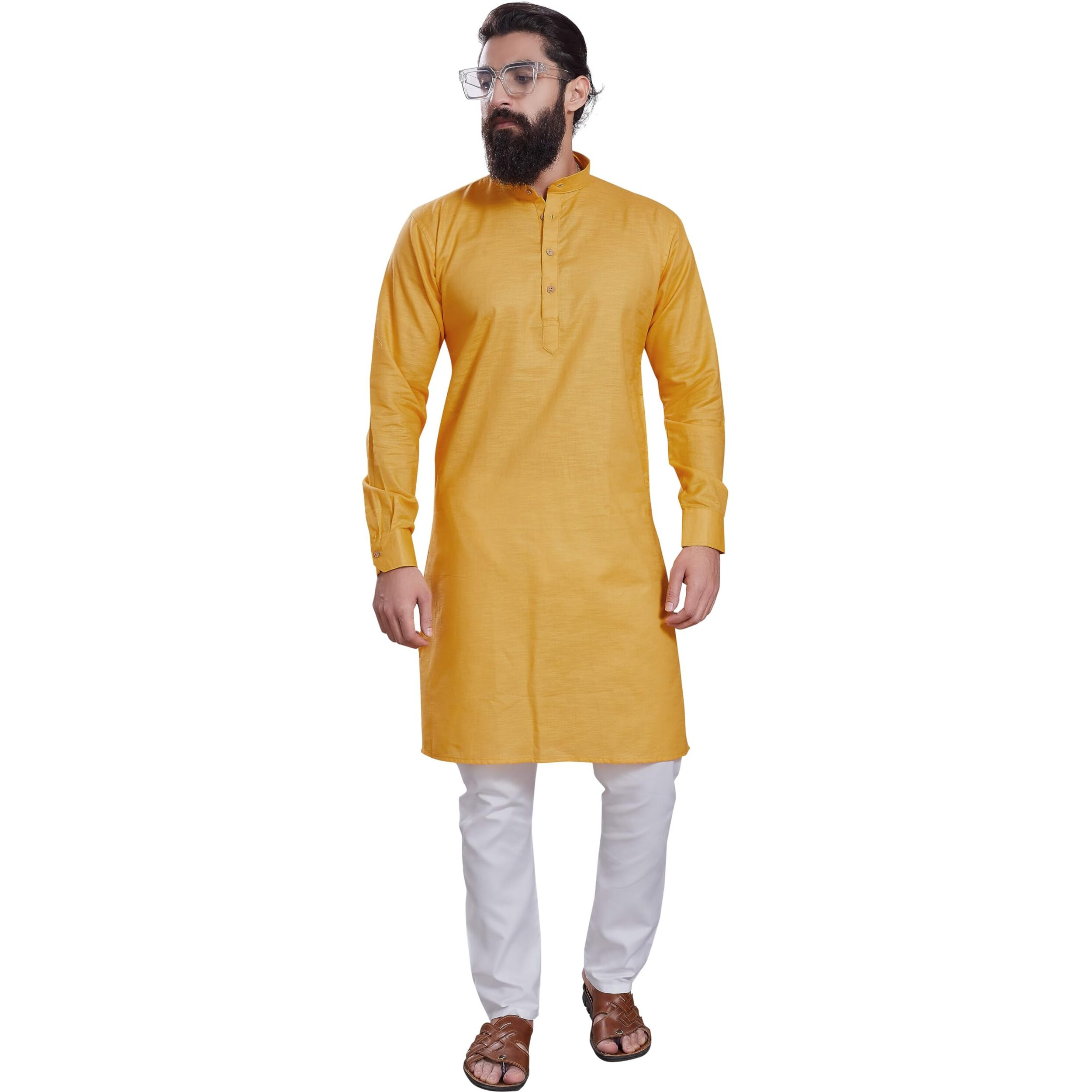 Divisive Men's Pure Cotton Only Slim Fit Kurta (Dkrt205_L_Yellow)