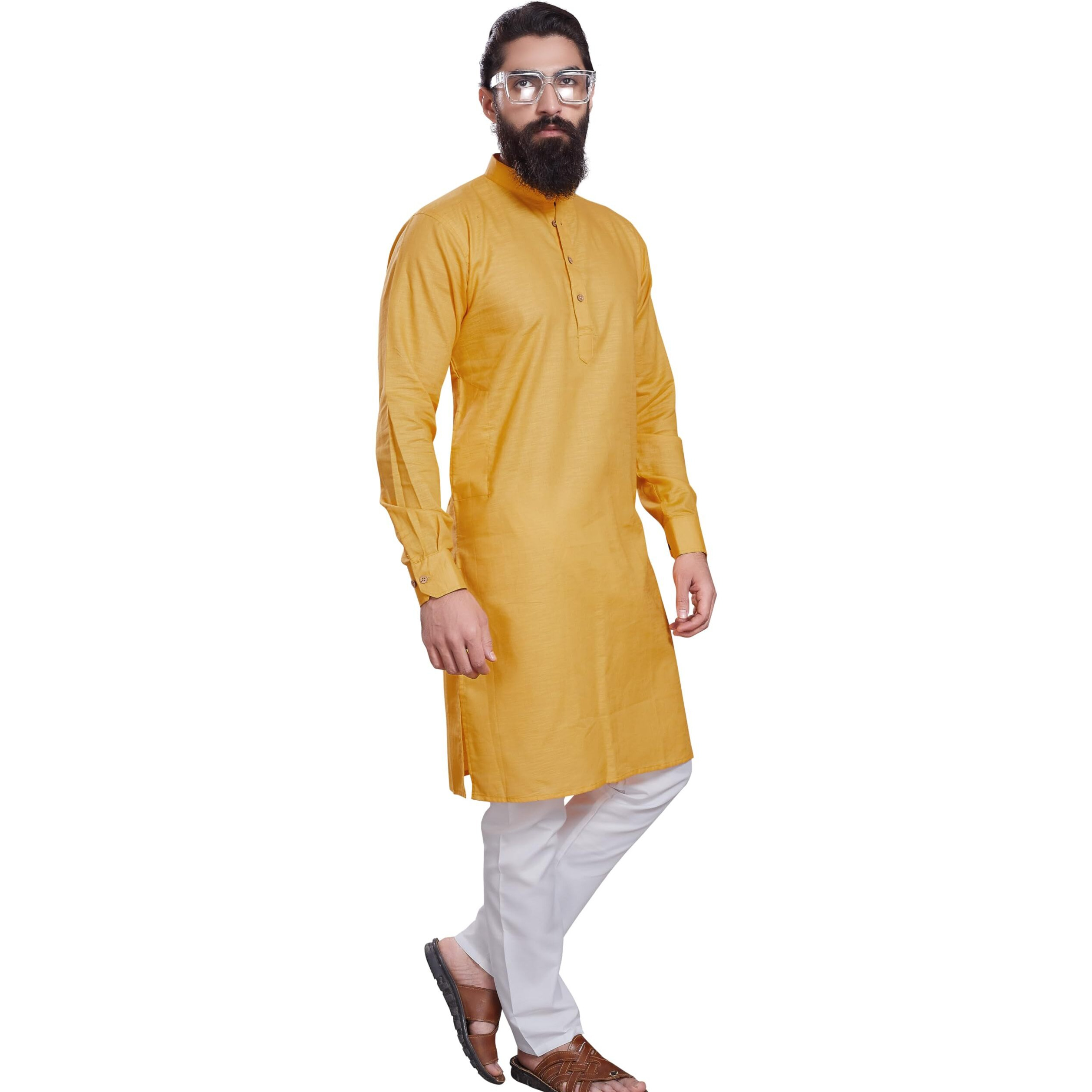 Divisive Men's Pure Cotton Only Slim Fit Kurta (Dkrt205_L_Yellow)