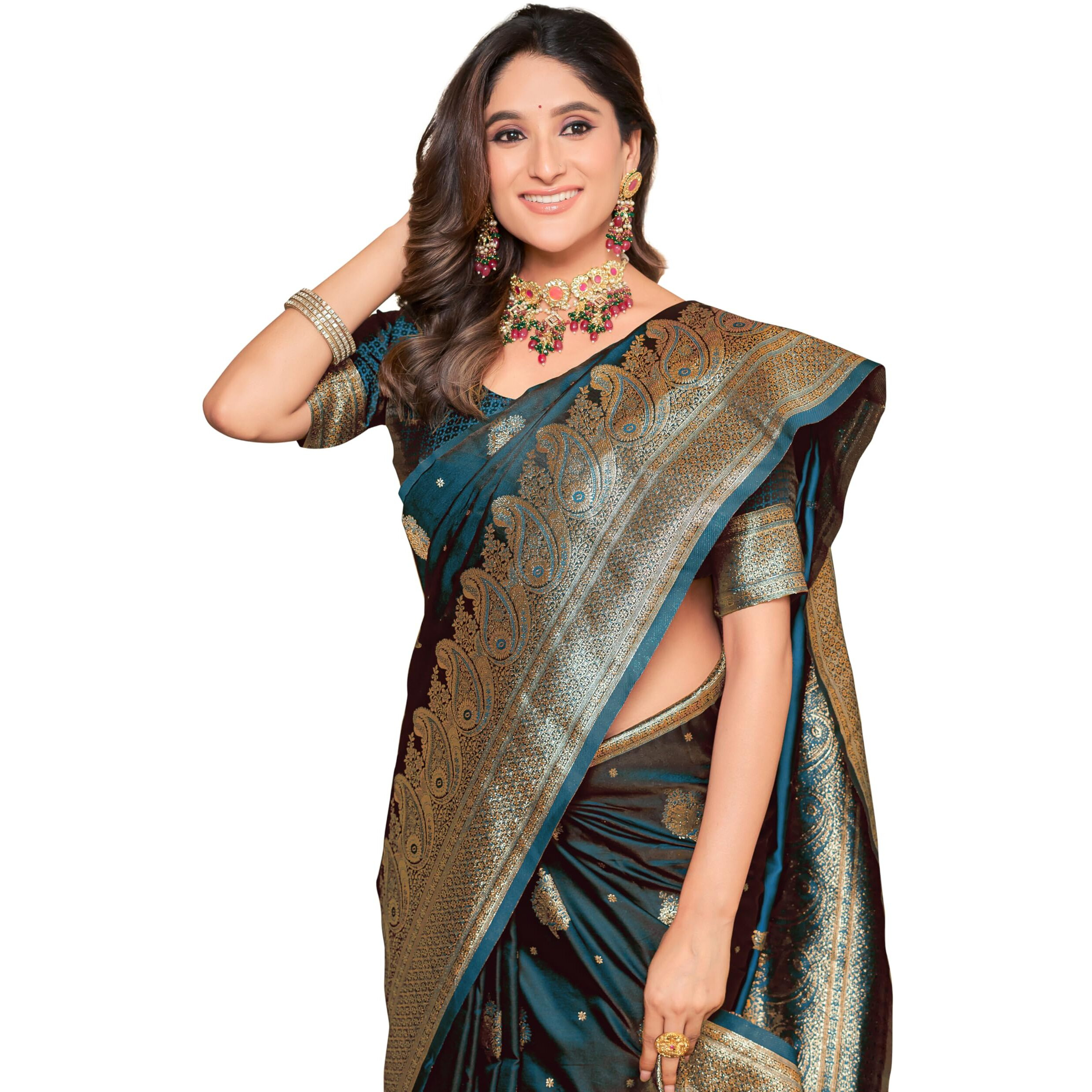 Glory Sarees Women's Pure Kanjivaram Soft Banarasi Original Satin Silk Saree Elegantly Crafted Graceful Wedding Design With Blouse Piece (Satin Silk101_Firozi)