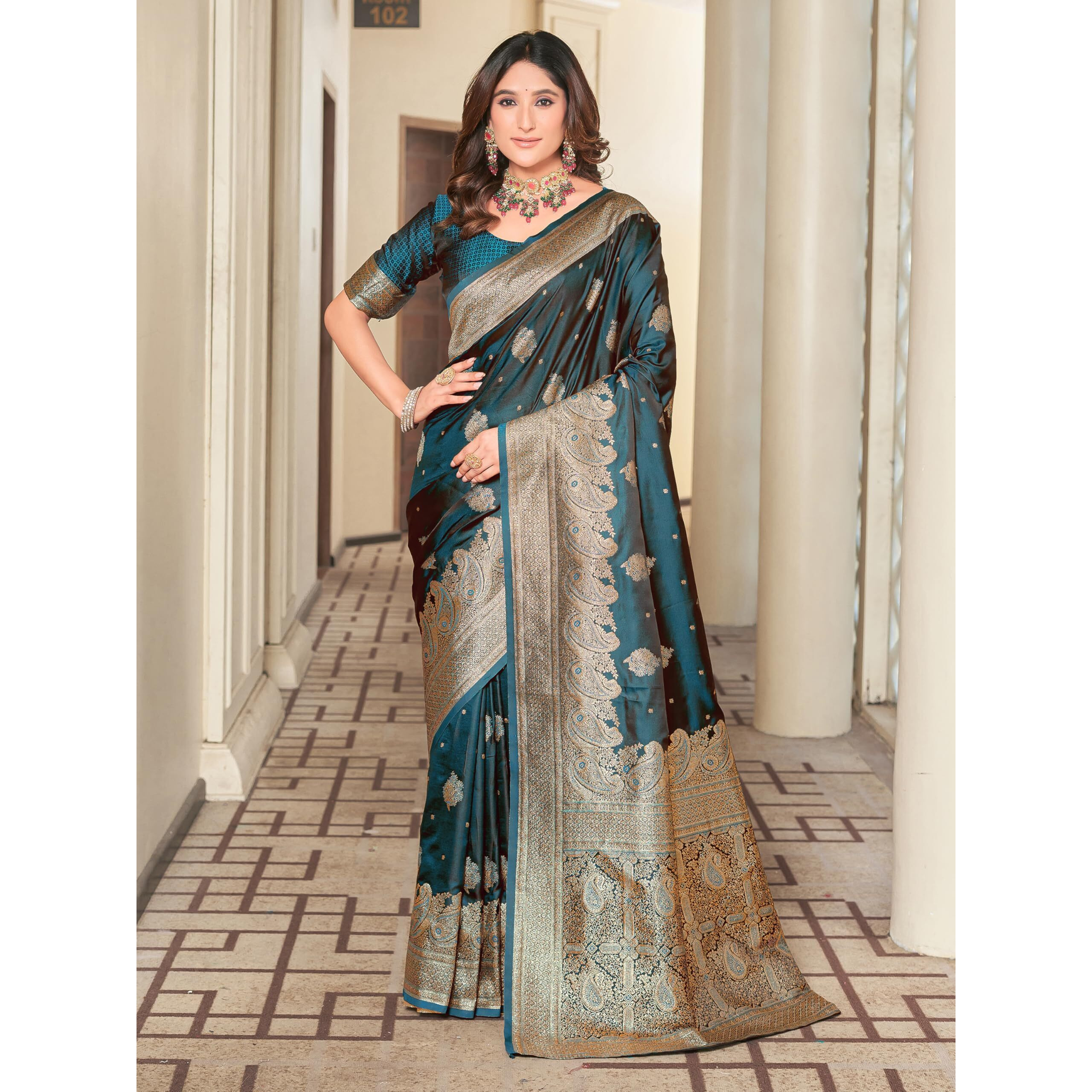 Glory Sarees Women's Pure Kanjivaram Soft Banarasi Original Satin Silk Saree Elegantly Crafted Graceful Wedding Design With Blouse Piece (Satin Silk101_Firozi)