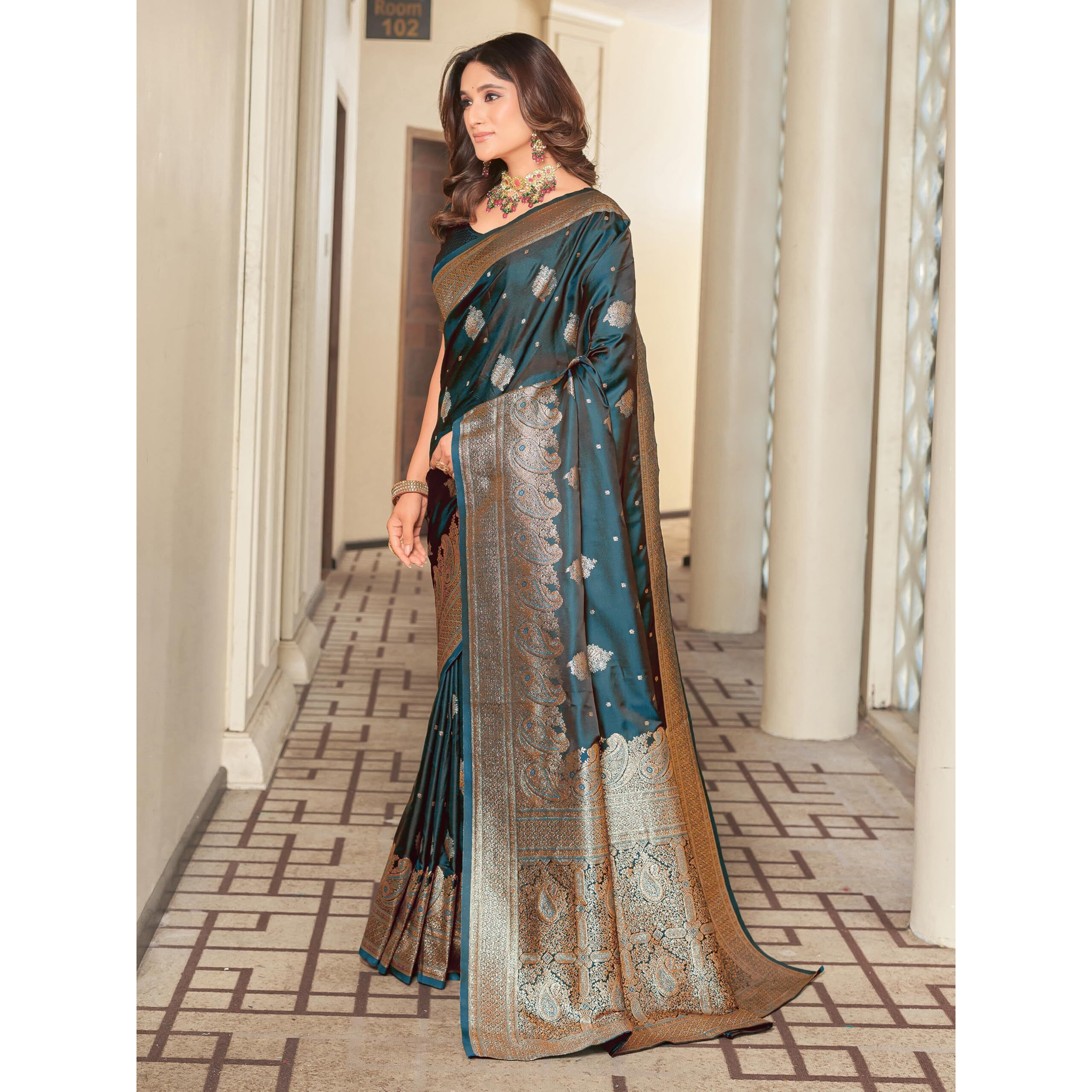 Glory Sarees Women's Pure Kanjivaram Soft Banarasi Original Satin Silk Saree Elegantly Crafted Graceful Wedding Design With Blouse Piece (Satin Silk101_Firozi)