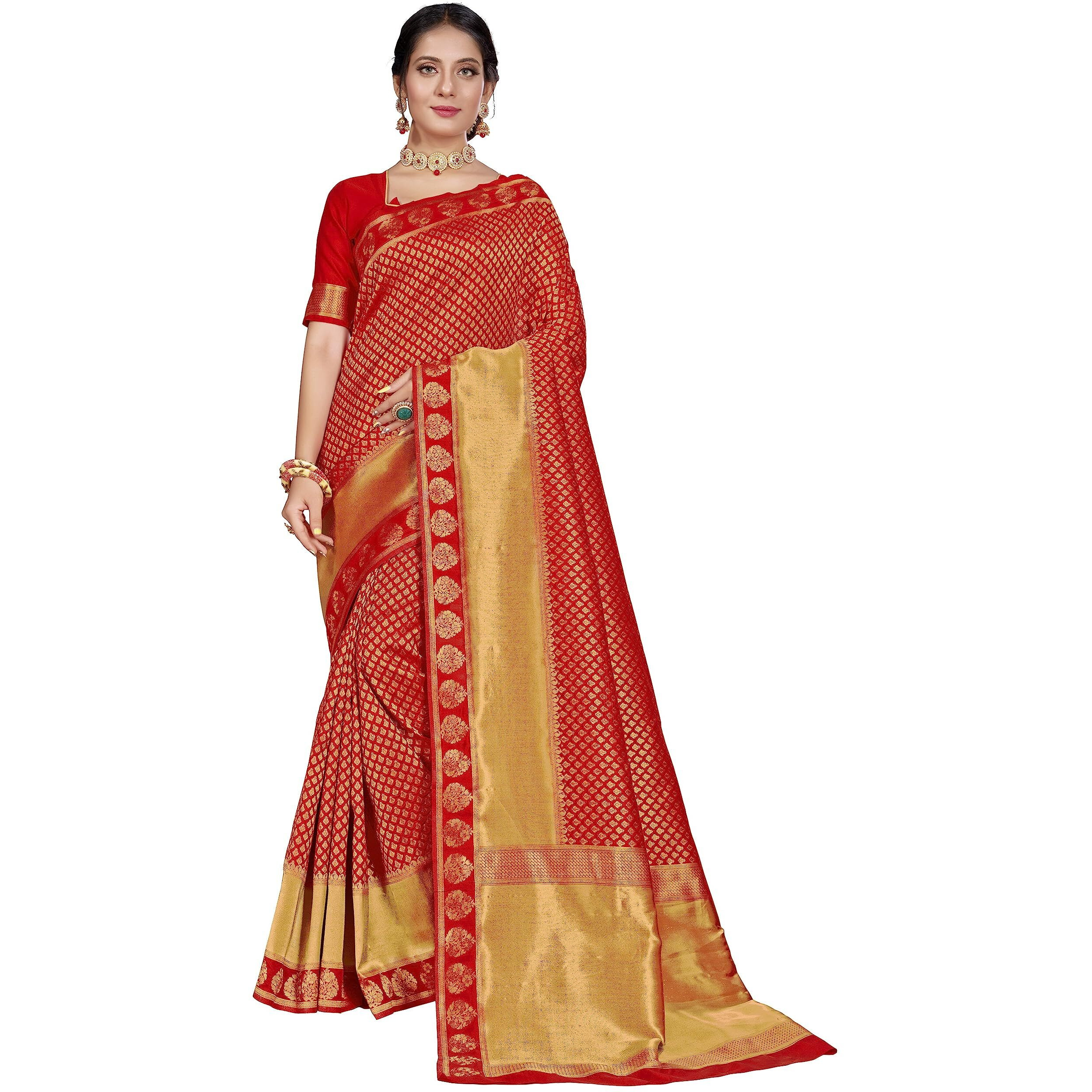 Glory Sarees Women's Banarasi Silk Blend Saree (Gs_Kara132_Red)
