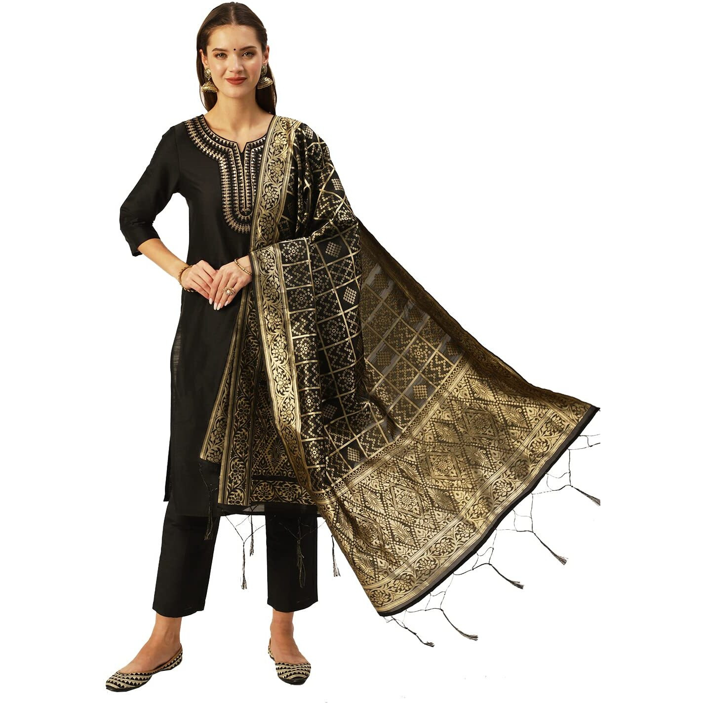 Ishin Womens Silk Blend Straight Yoke Design Sequinned Kurta Set With Dupatta & Trouser