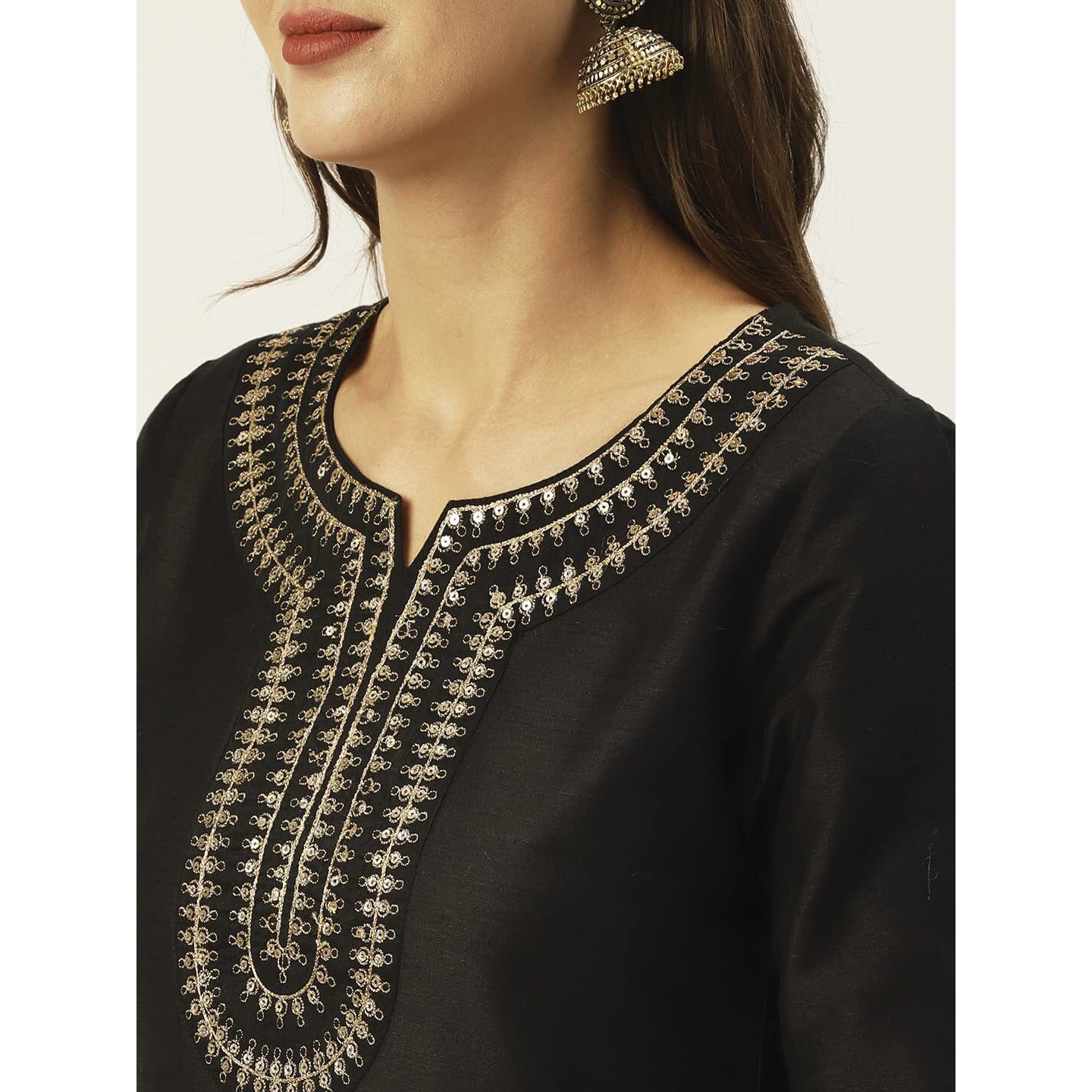 Ishin Womens Silk Blend Straight Yoke Design Sequinned Kurta Set With Dupatta & Trouser