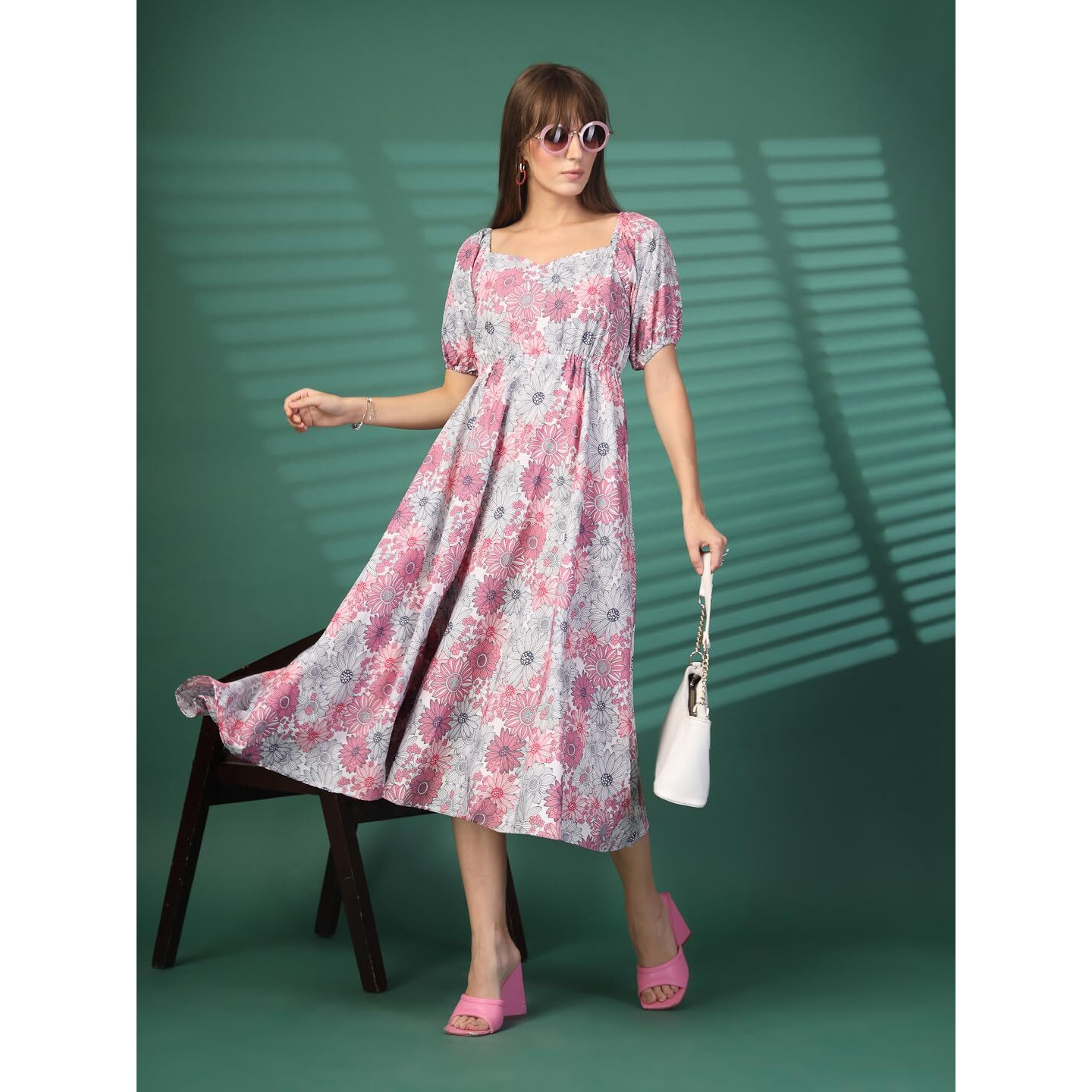 Oomph Flared Dress For Women Stylish | Long One Piece For Women | Puff Sleeve Long Dress | Floral Print Maxi One Piece | Western & Fusion Wear