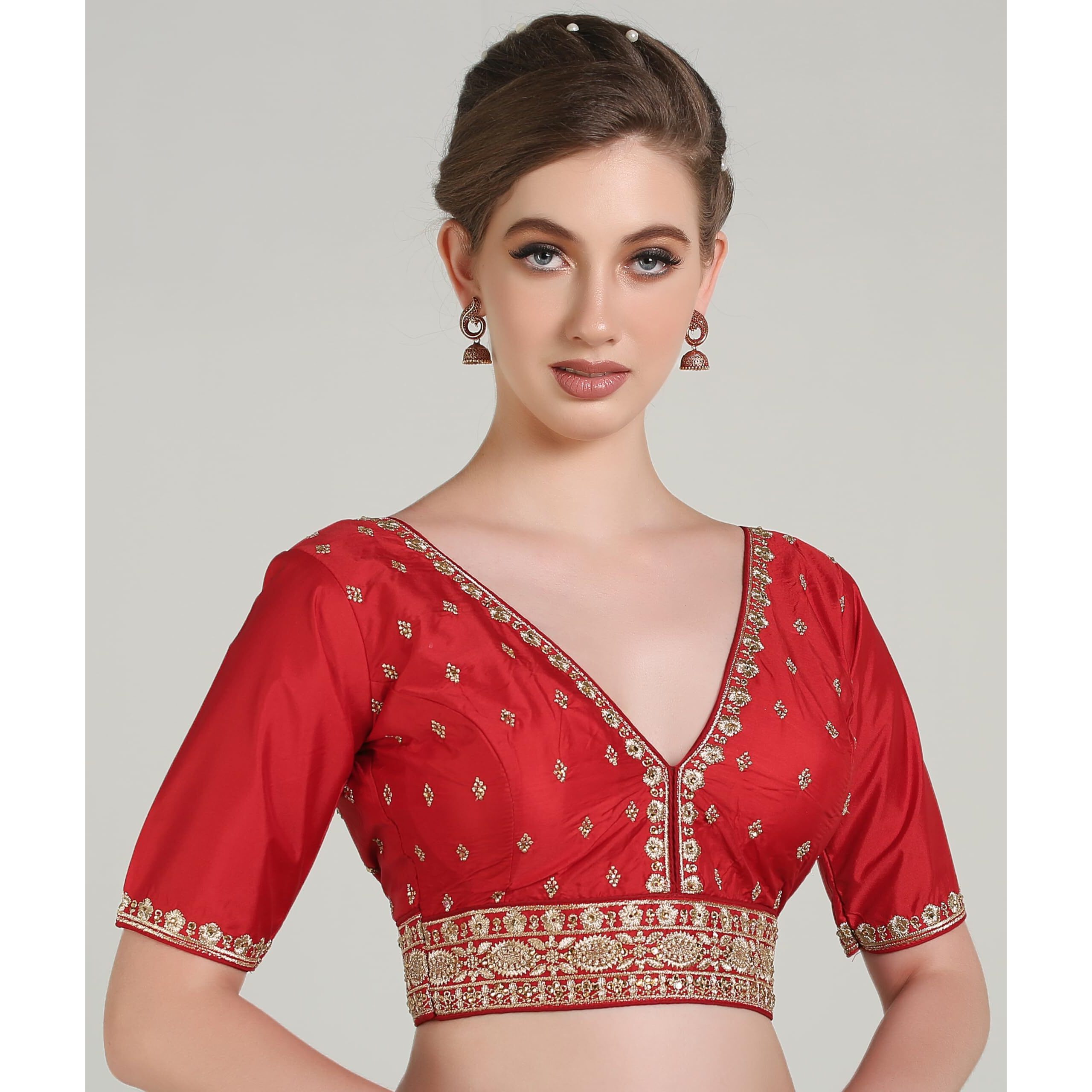 Pujia Mills Woman Readymade Ethnic Wear Deep V Neck Classic Butti Designer Half Sleeve Red Blouse Online Embroidery Zari Work With Diamond Work Border Sadi Blouse