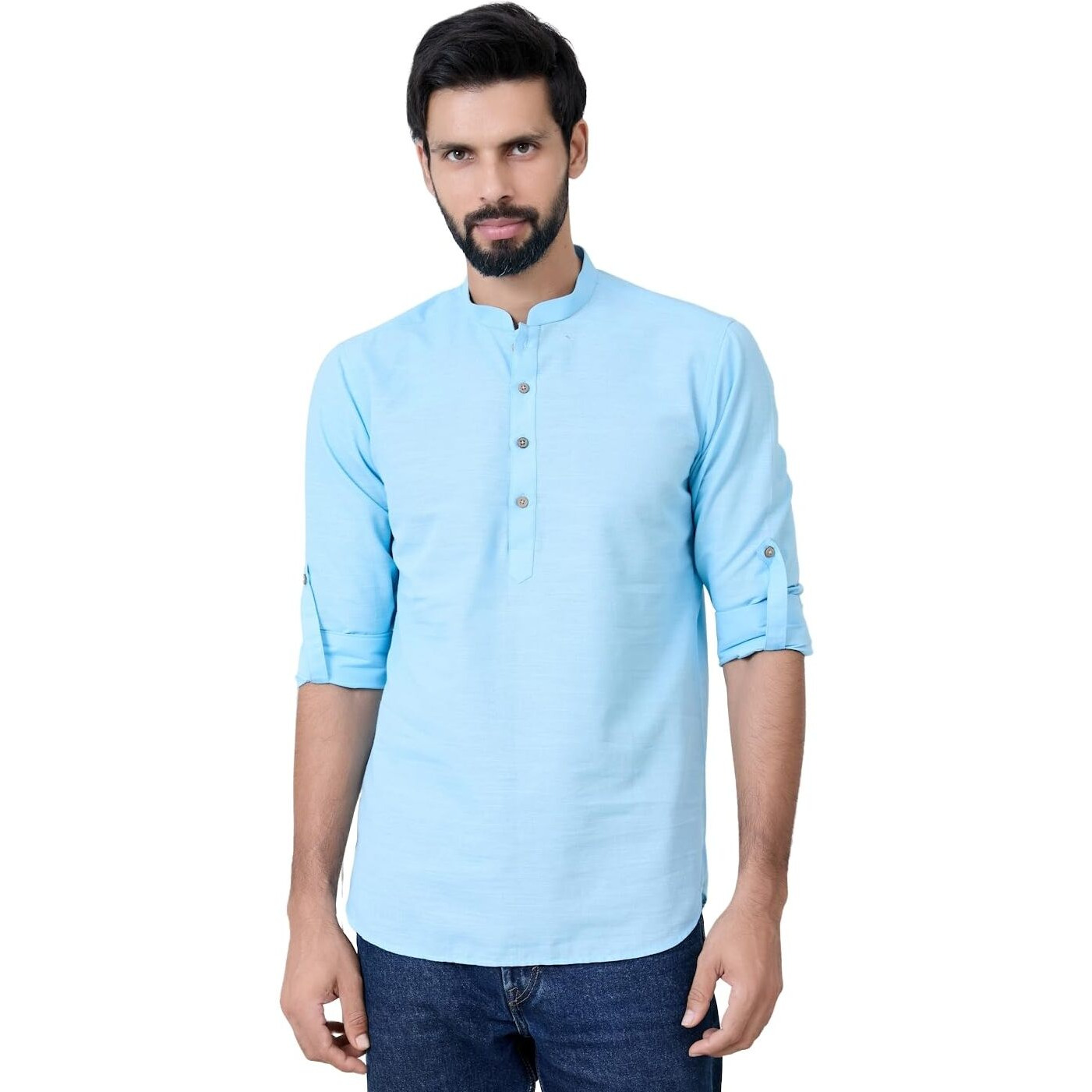 See Designs Men's Roll-Up Sleeve Mandarin Collar Light Blue Solid Cotton Short Kurta - Sdkt2983Xl