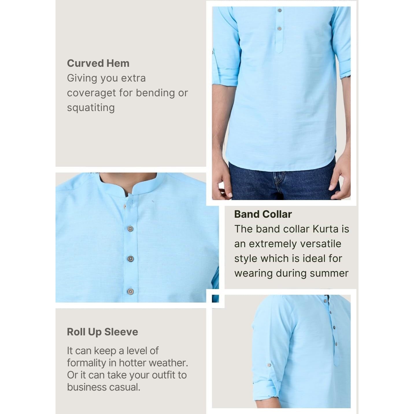 See Designs Men's Roll-Up Sleeve Mandarin Collar Light Blue Solid Cotton Short Kurta - Sdkt2983Xl