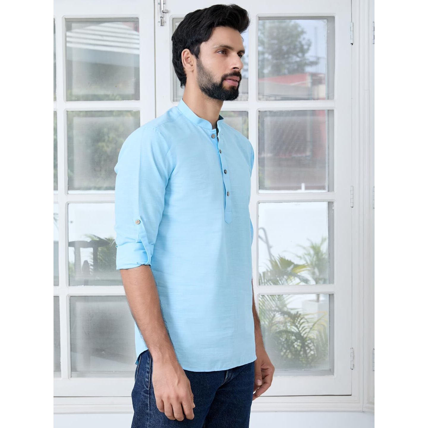 See Designs Men's Roll-Up Sleeve Mandarin Collar Light Blue Solid Cotton Short Kurta - Sdkt2983Xl