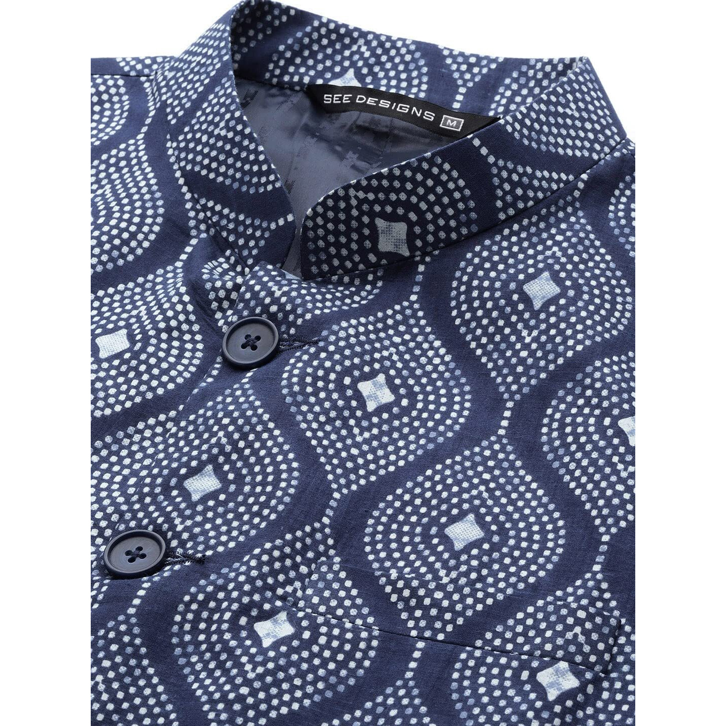 See Designs Men Blue & Beige Printed Pure Cotton Kurta Pyjama With Nehru Jacket - Sd2Nj_23001Xs