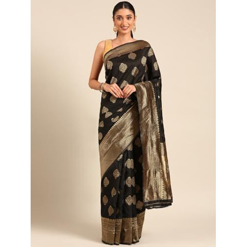 Shiv Textiles Women's Banarasi Silk Saree With Unstitched Blouse (Black)