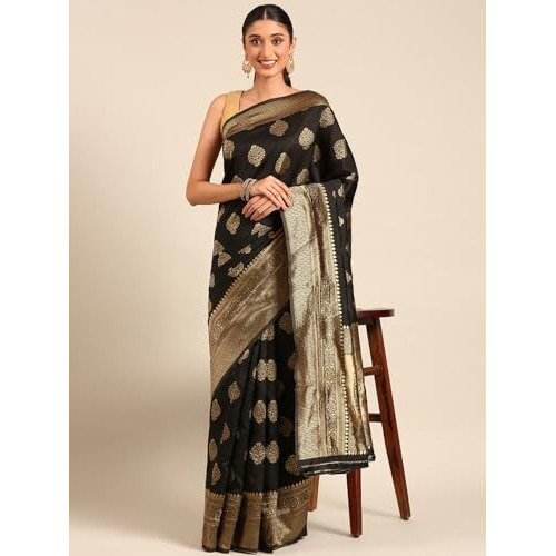 Shiv Textiles Women's Banarasi Silk Saree With Unstitched Blouse (Black)