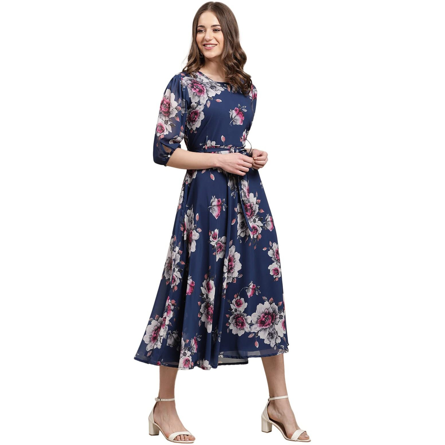 Preneum Women's Maxi Fit & Flare Latest Style Print Georgette Regular Sleeves Casual Summer Maxi Dress || Festival & Occasion, Light Blue, M