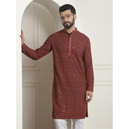 Sojanya (Since 1958 Men's Cotton Contrast Embroidered Sequinned Coral Long Kurta