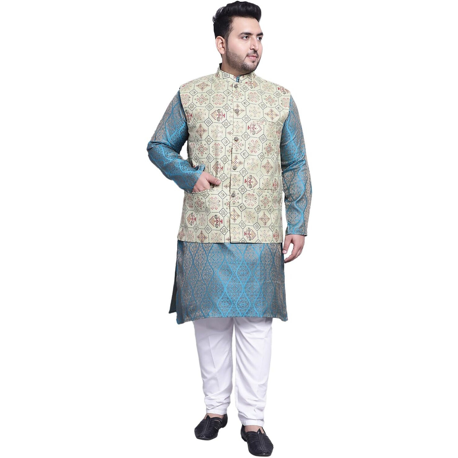 Sojanya (Since 1958 Men's Silk Blend Teal Blue Kurta & Pgreen Printed Nehrujacket With White Pyjama Set
