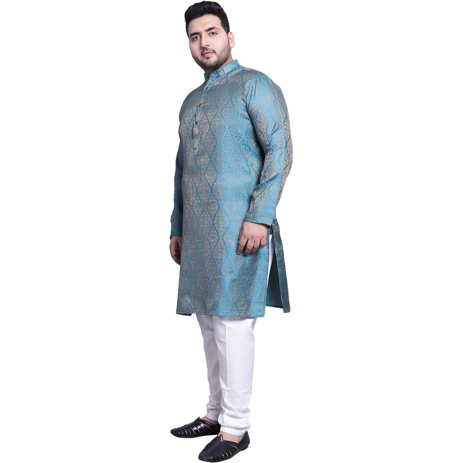 Sojanya (Since 1958 Men's Silk Blend Teal Blue Kurta & Pgreen Printed Nehrujacket With White Pyjama Set