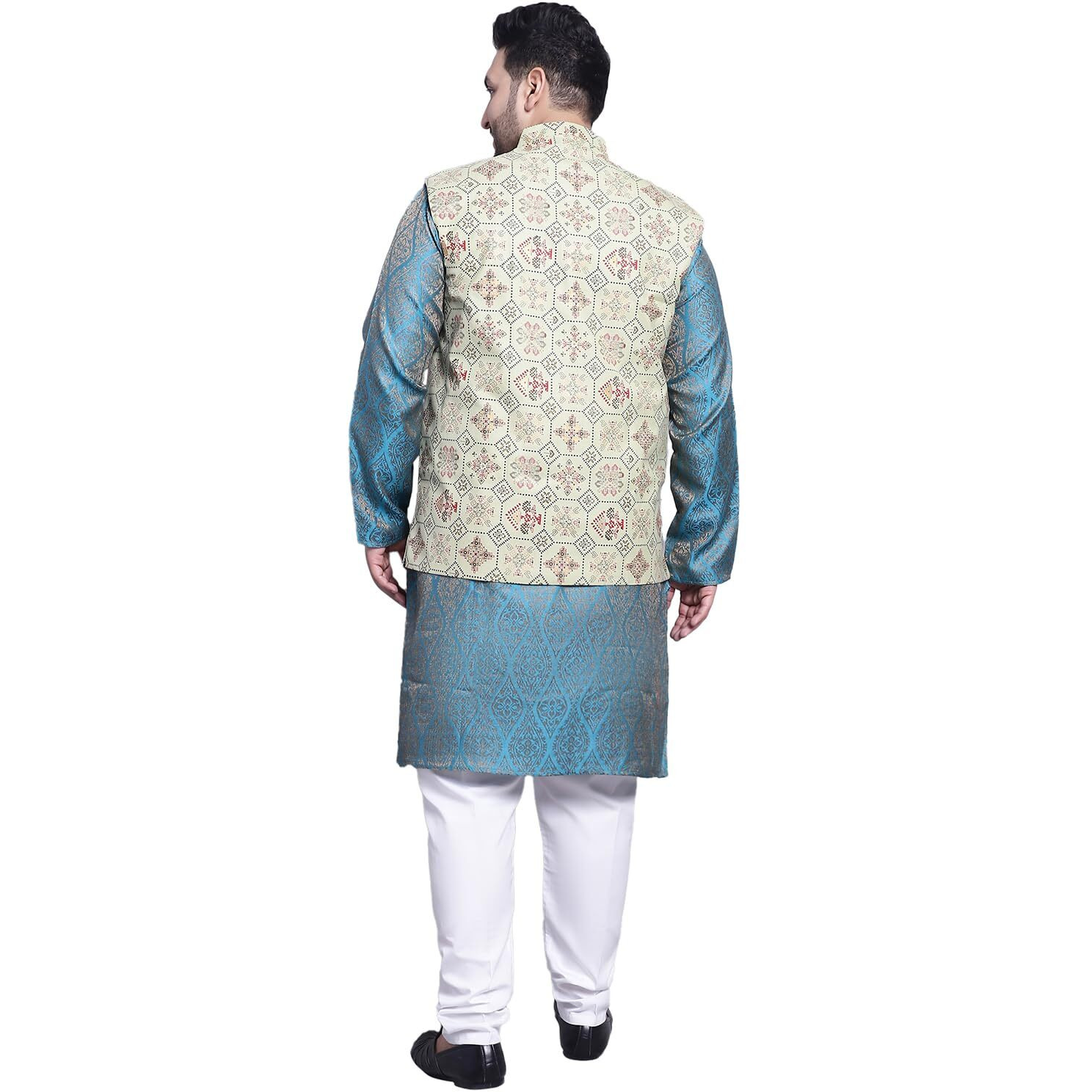 Sojanya (Since 1958 Men's Silk Blend Teal Blue Kurta & Pgreen Printed Nehrujacket With White Pyjama Set