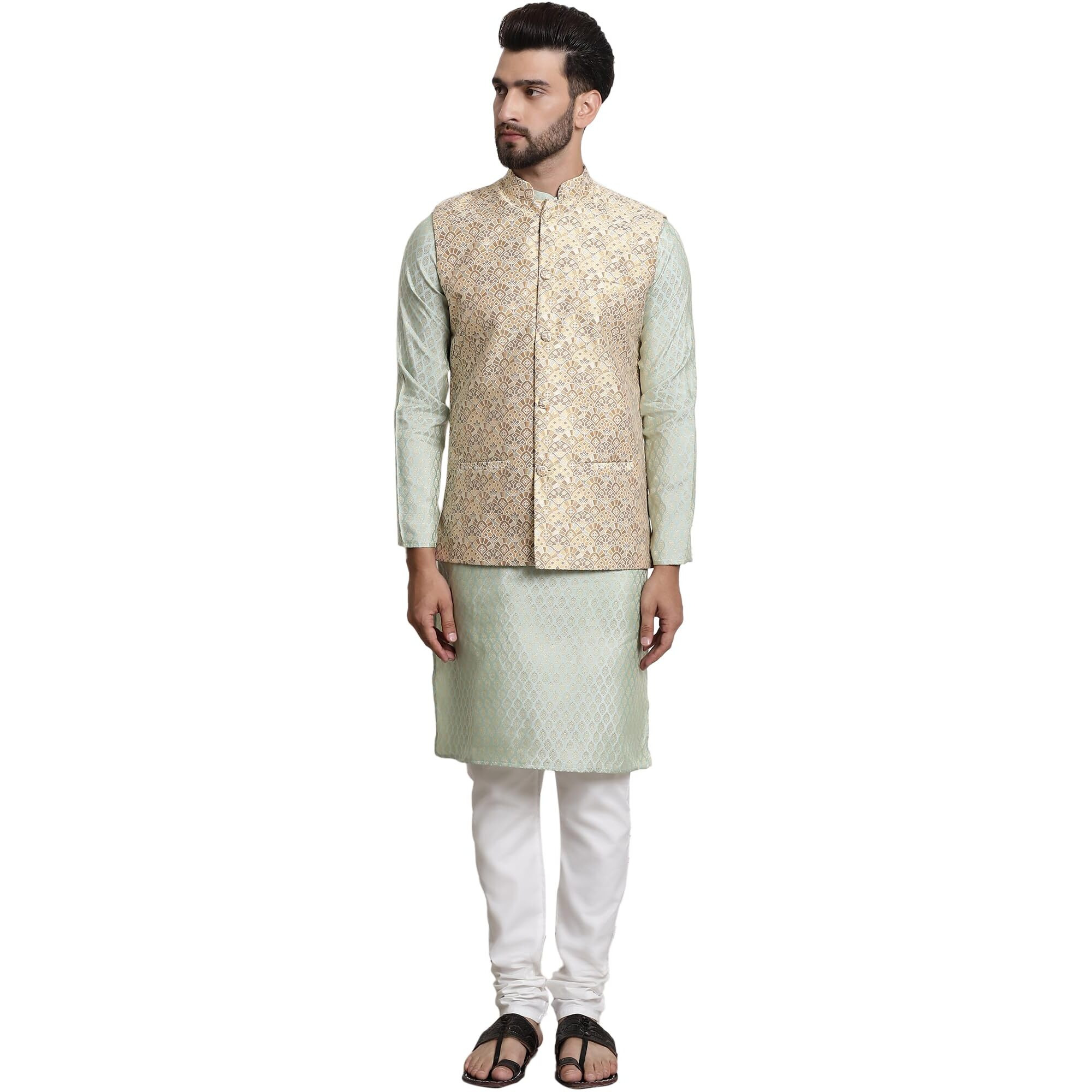 Sojanya (Since 1958 Men's Jacquard Silk Pistagreen Kurta & Cream Pyjama With Mustard Nehrujacket